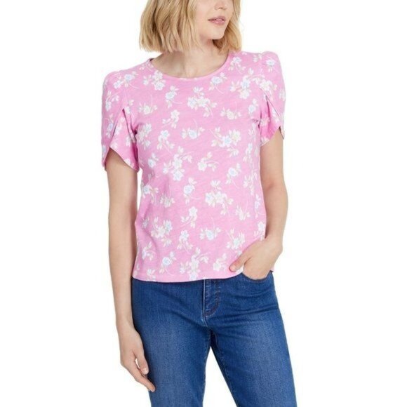 Charter Club Tops - AM-2470 Charter Club Floral-Print Tulip-Sleeve T-Shirt Pink Size XS